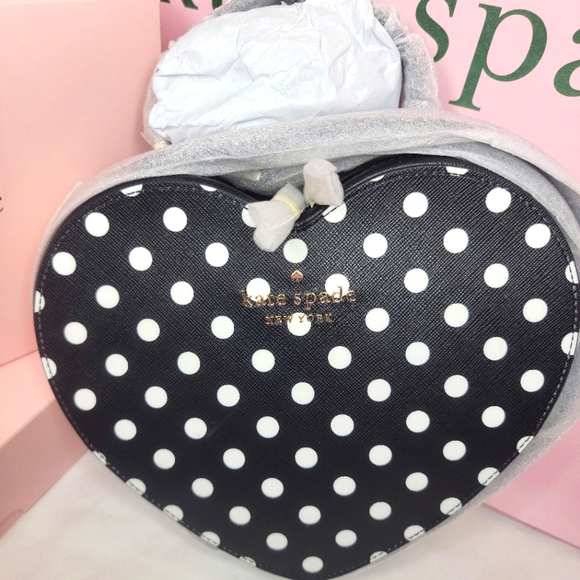 Authentic Kate Spade Heart LOVE SHACK POLKA dot crossbody BLACK WHITE NEW - Picture 1 of 12